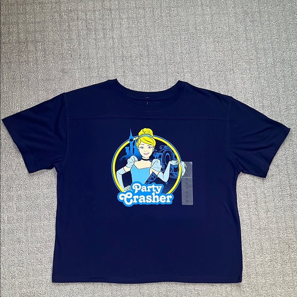 Disney Princess Cinderella Party Crasher Blue Short Sleeve Cropped Tee XL NWT